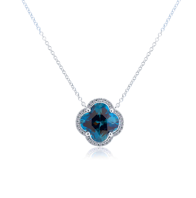 White Gold Blue Topaz Clover Necklace with Diamonds